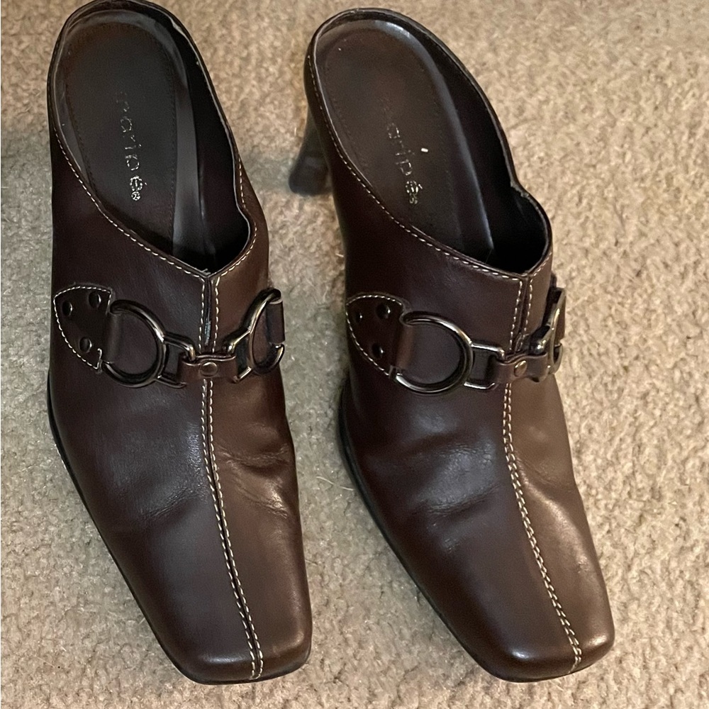 Brown leather Maripe brand mules, metal buckle, size 71/2 M. Great condition!